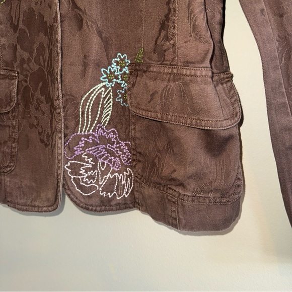 J Jill Brown Canvas Embroidered One Button Jacket Floral Purple Blue Small - Picture 2 of 11